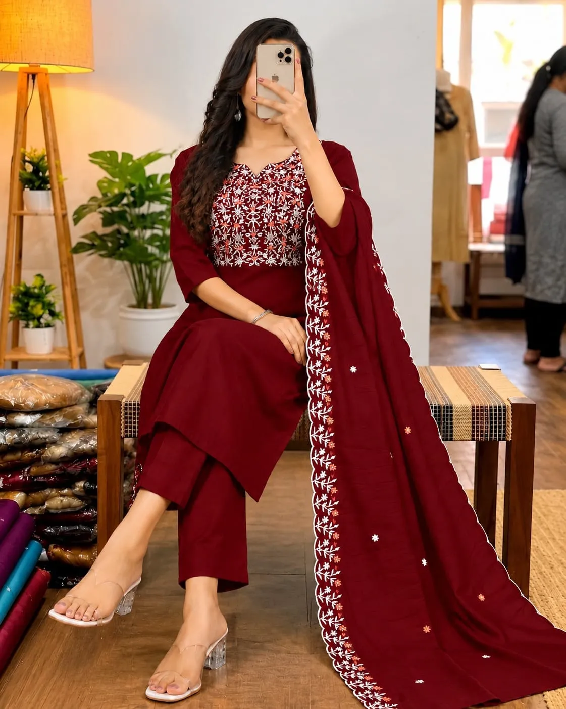 Embroidered Cotton Kurti Pant Set with Chanderi Dupatta | 3-Piece Festive Salwar Suit for Women