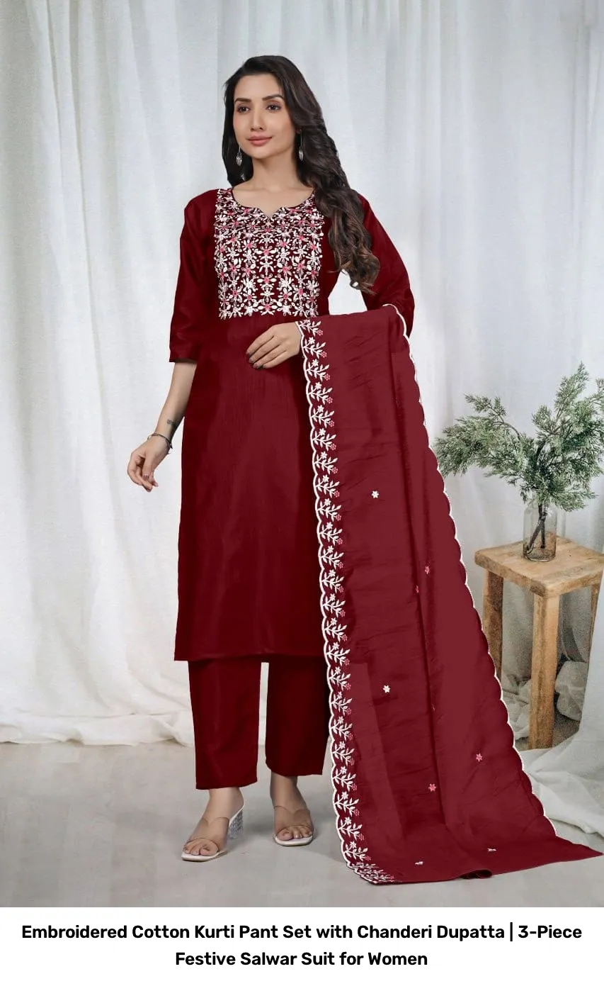 Embroidered Cotton Kurti Pant Set with Chanderi Dupatta | 3-Piece Festive Salwar Suit for Women 2