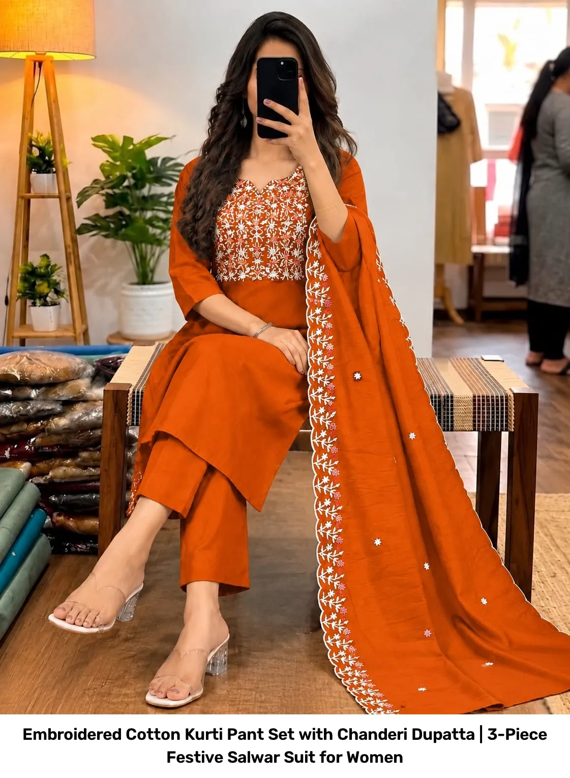 Embroidered Cotton Kurti Pant Set with Chanderi Dupatta | 3-Piece Festive Salwar Suit for Women 3