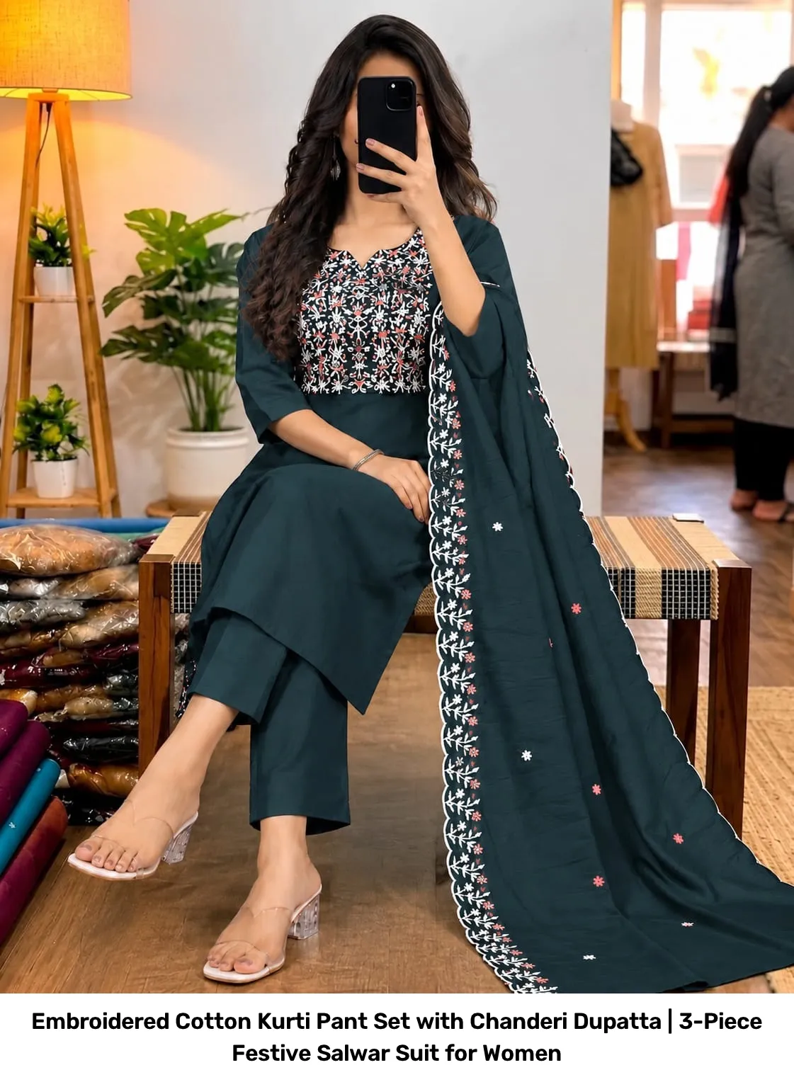 Embroidered Cotton Kurti Pant Set with Chanderi Dupatta | 3-Piece Festive Salwar Suit for Women 4