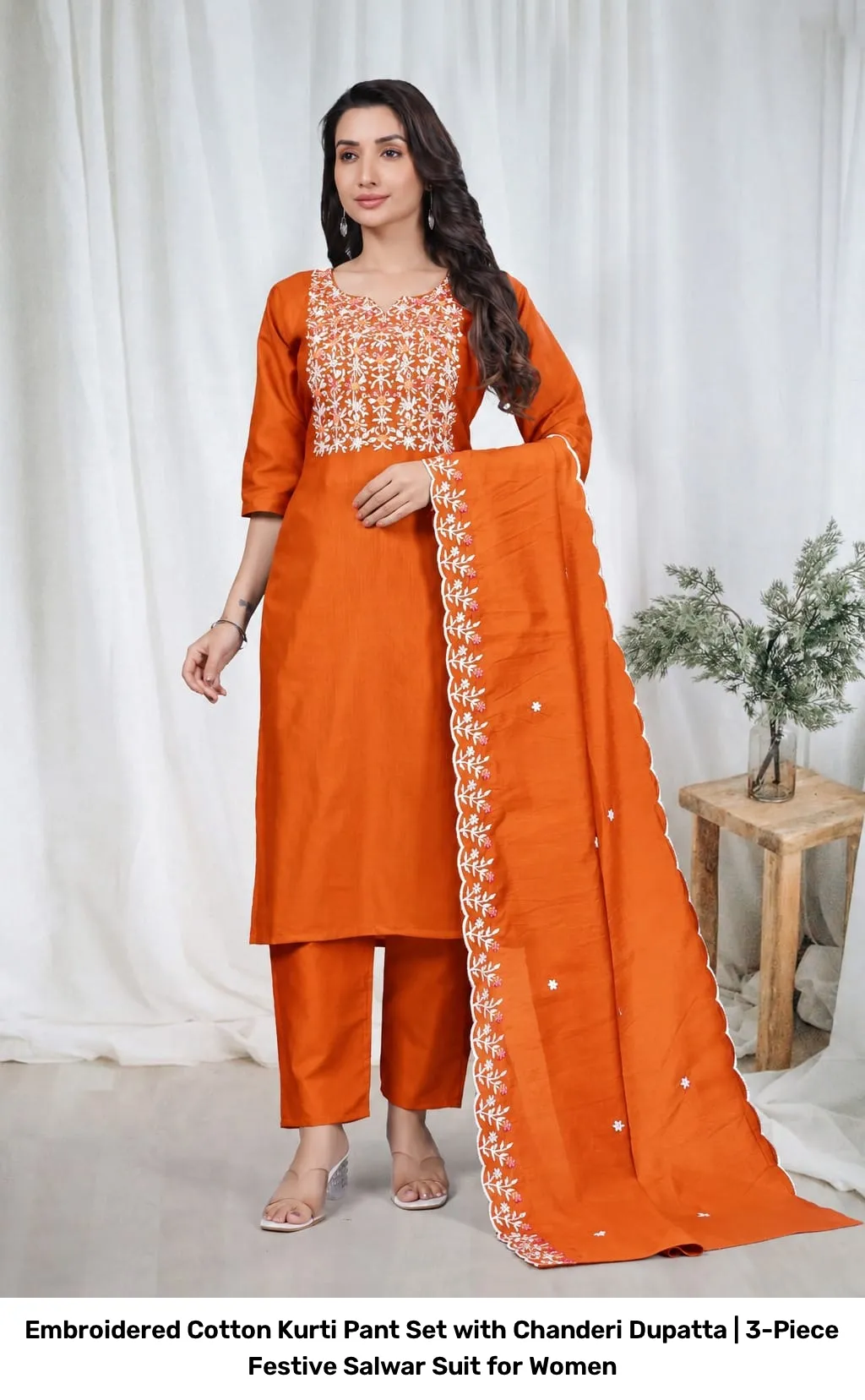 Embroidered Cotton Kurti Pant Set with Chanderi Dupatta | 3-Piece Festive Salwar Suit for Women 5