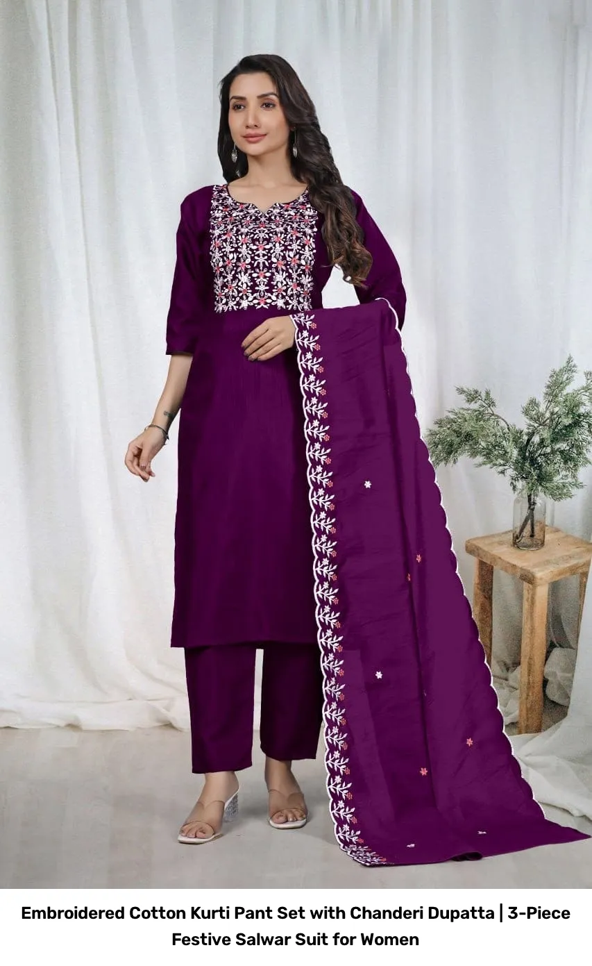Embroidered Cotton Kurti Pant Set with Chanderi Dupatta | 3-Piece Festive Salwar Suit for Women 6