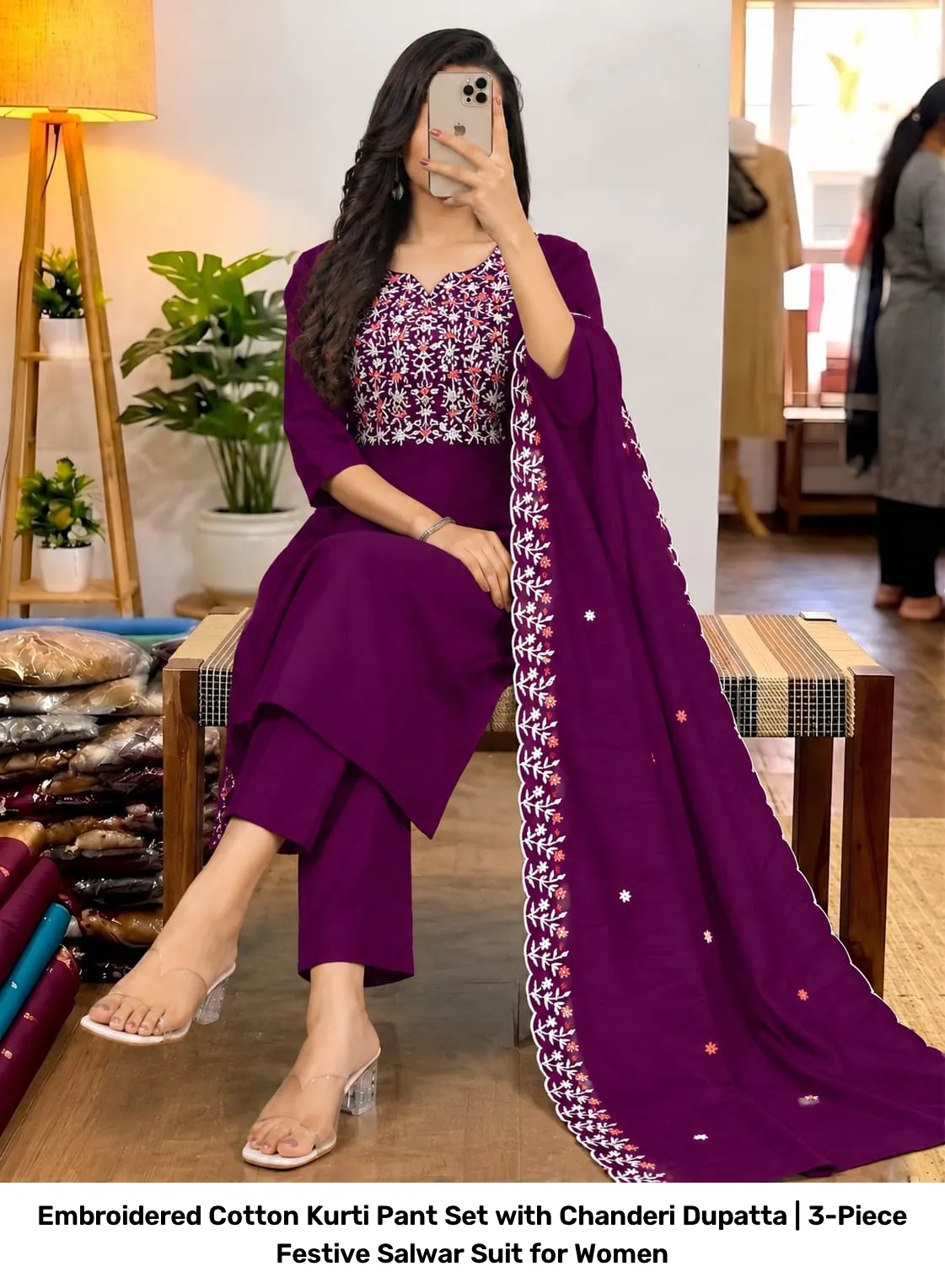 Embroidered Cotton Kurti Pant Set with Chanderi Dupatta | 3-Piece Festive Salwar Suit for Women 7