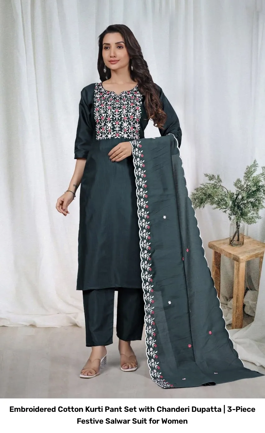 Embroidered Cotton Kurti Pant Set with Chanderi Dupatta | 3-Piece Festive Salwar Suit for Women 8