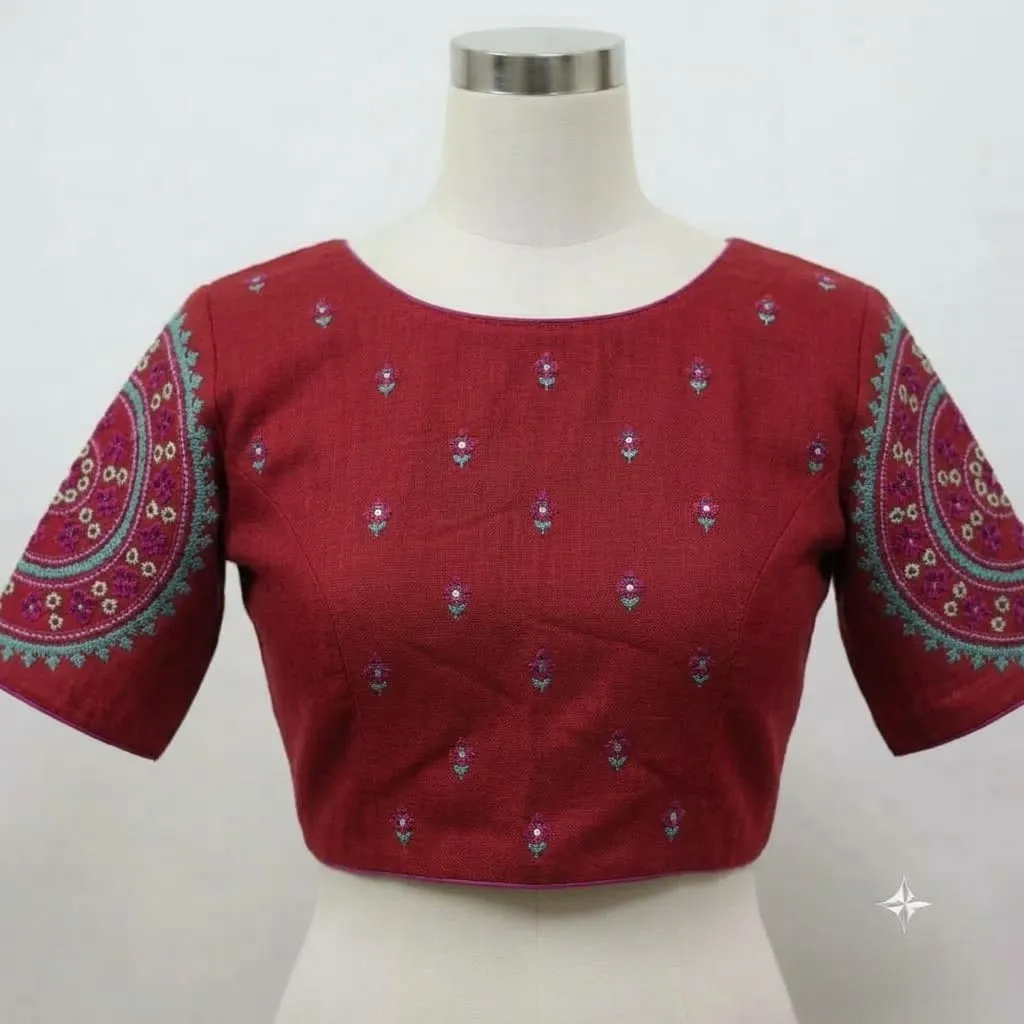 Embroidered Linen Boat Neck Saree Blouse