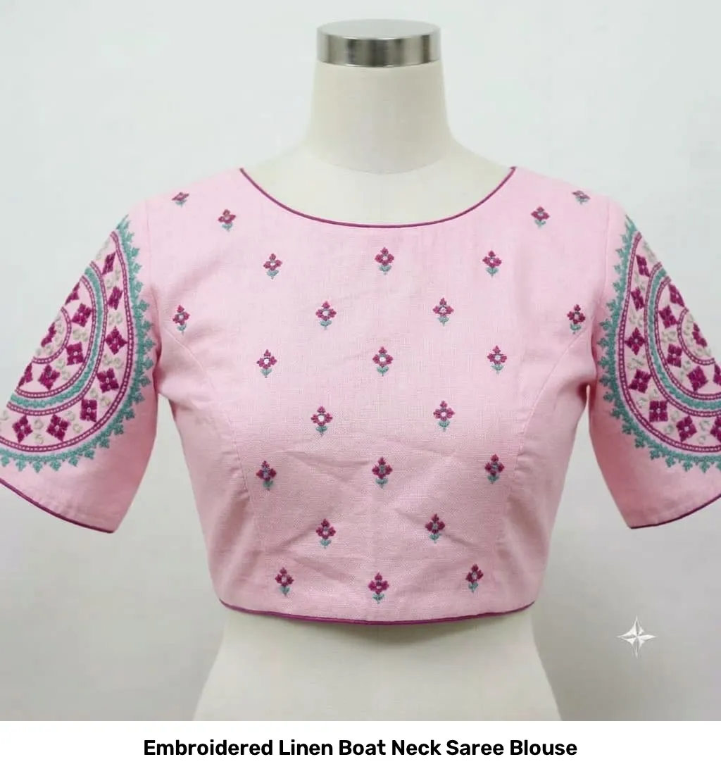 Embroidered Linen Boat Neck Saree Blouse 2