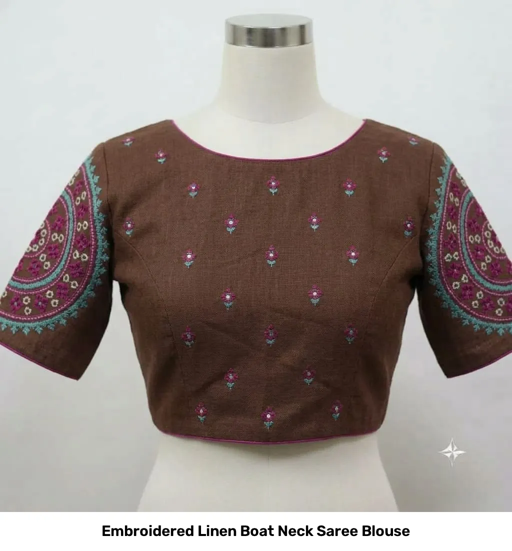Embroidered Linen Boat Neck Saree Blouse 3