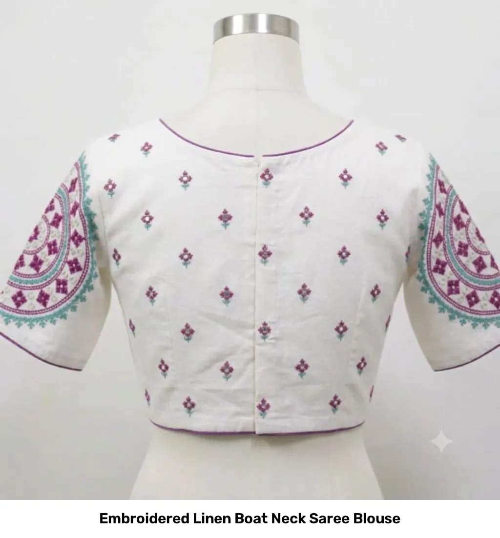 Embroidered Linen Boat Neck Saree Blouse 5