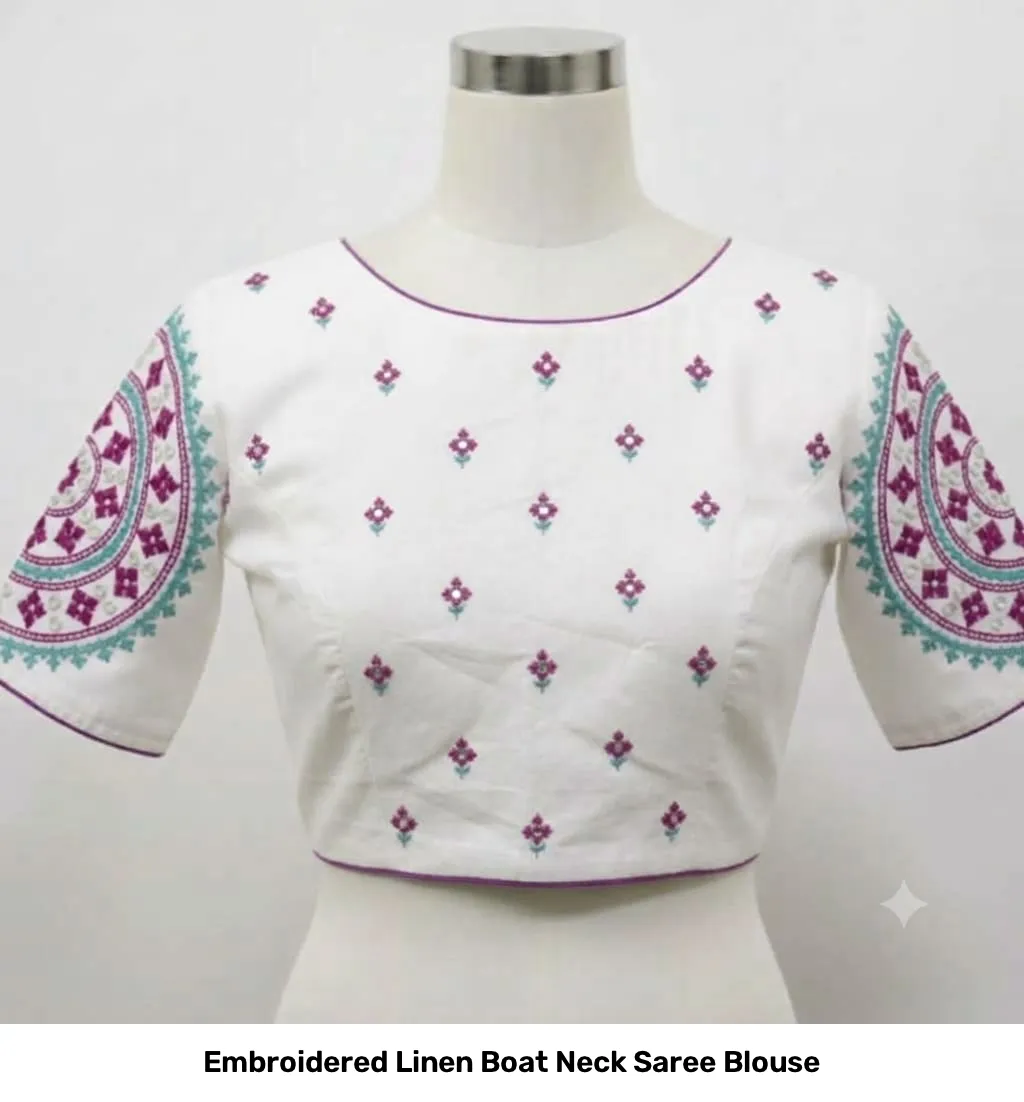 Embroidered Linen Boat Neck Saree Blouse 6