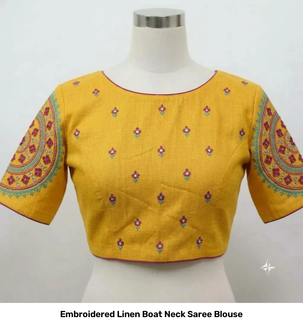 Embroidered Linen Boat Neck Saree Blouse 7