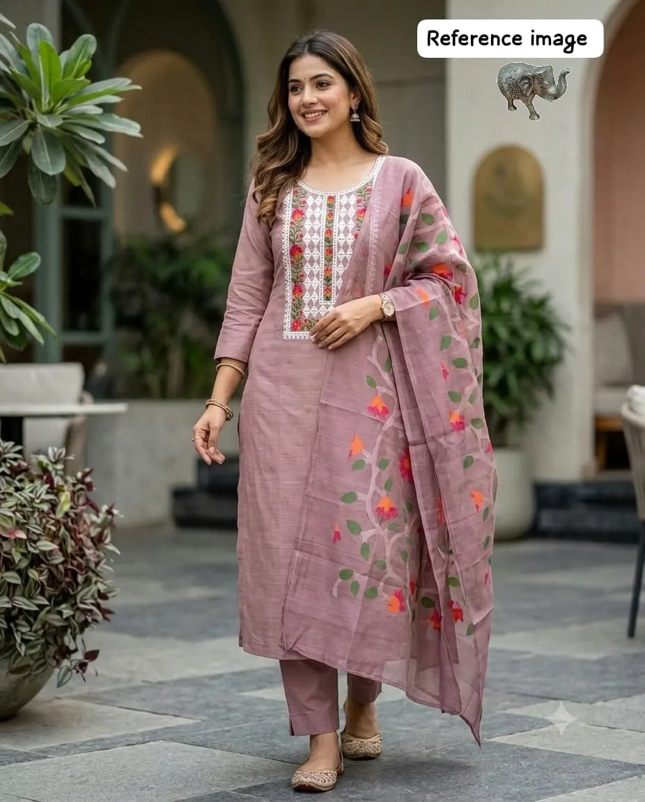 Embroidered Linen Kurti Pant Set with Floral Printed Dupatta