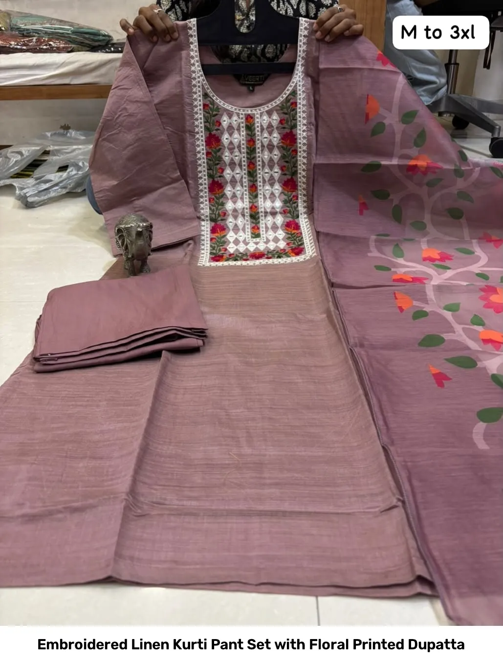 Embroidered Linen Kurti Pant Set with Floral Printed Dupatta 10