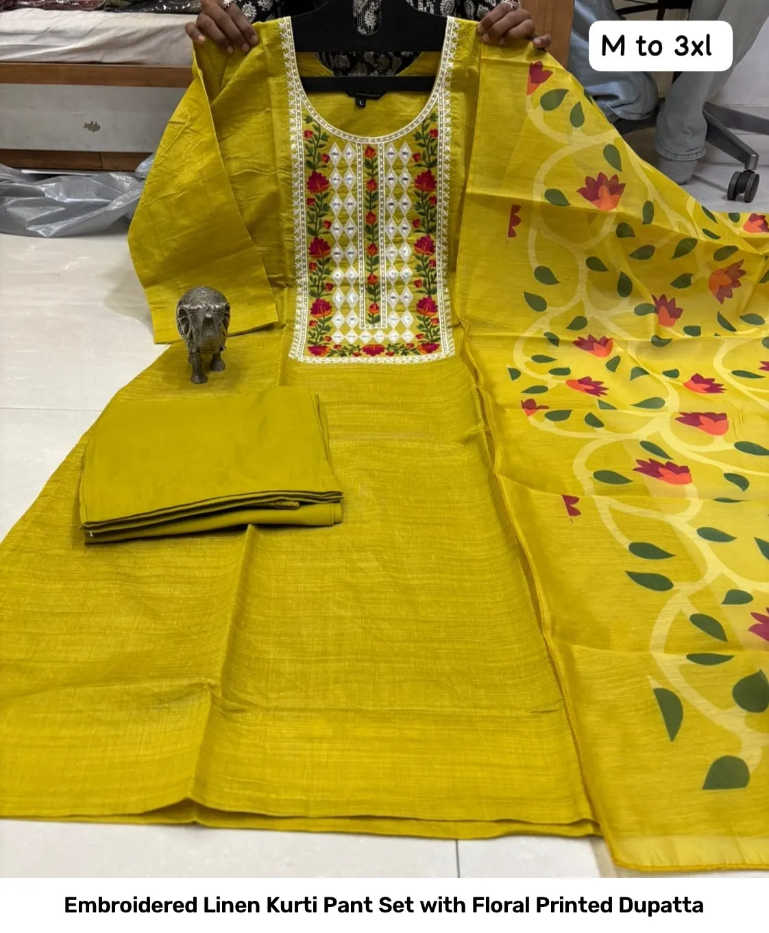 Embroidered Linen Kurti Pant Set with Floral Printed Dupatta 2