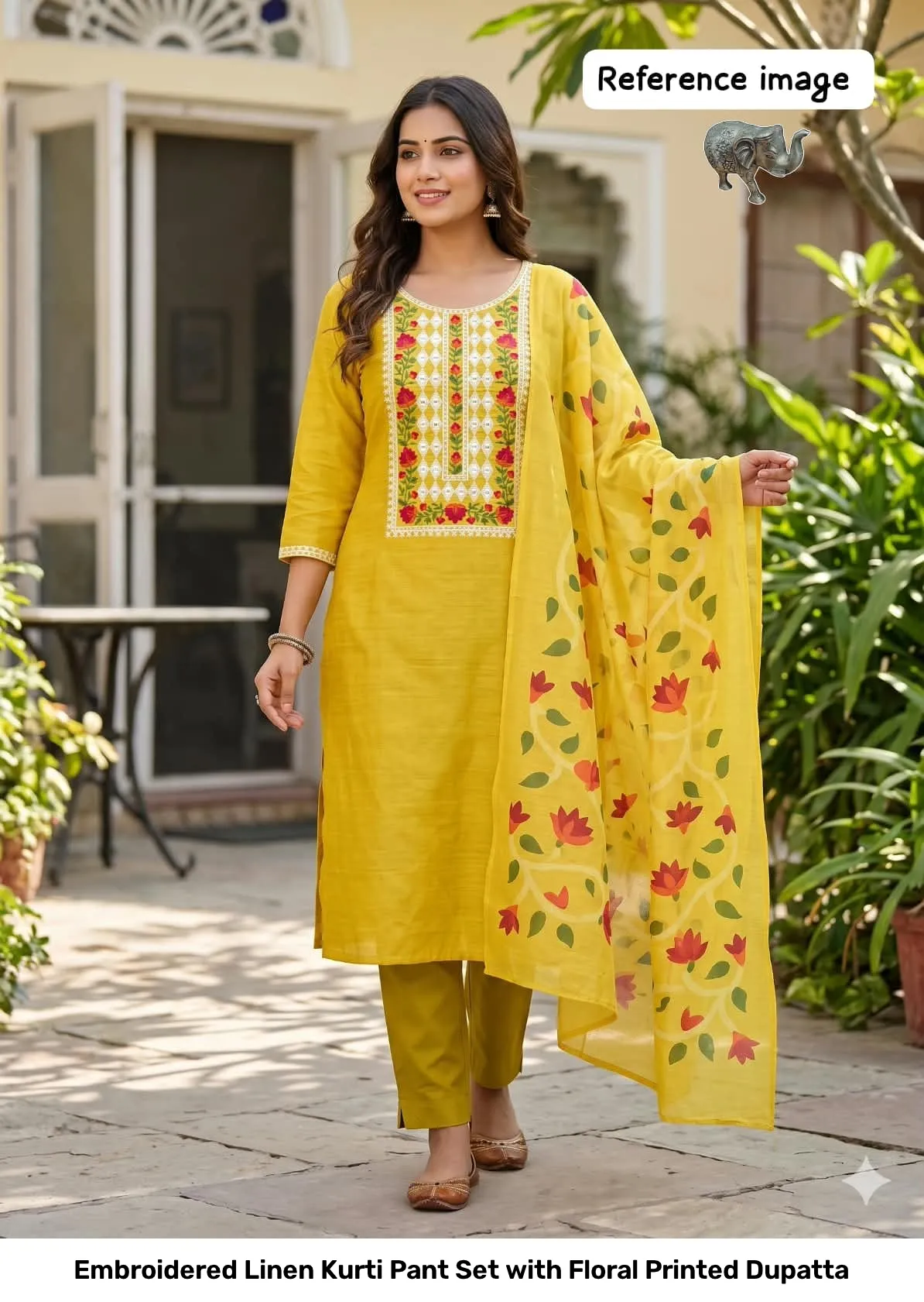 Embroidered Linen Kurti Pant Set with Floral Printed Dupatta 5