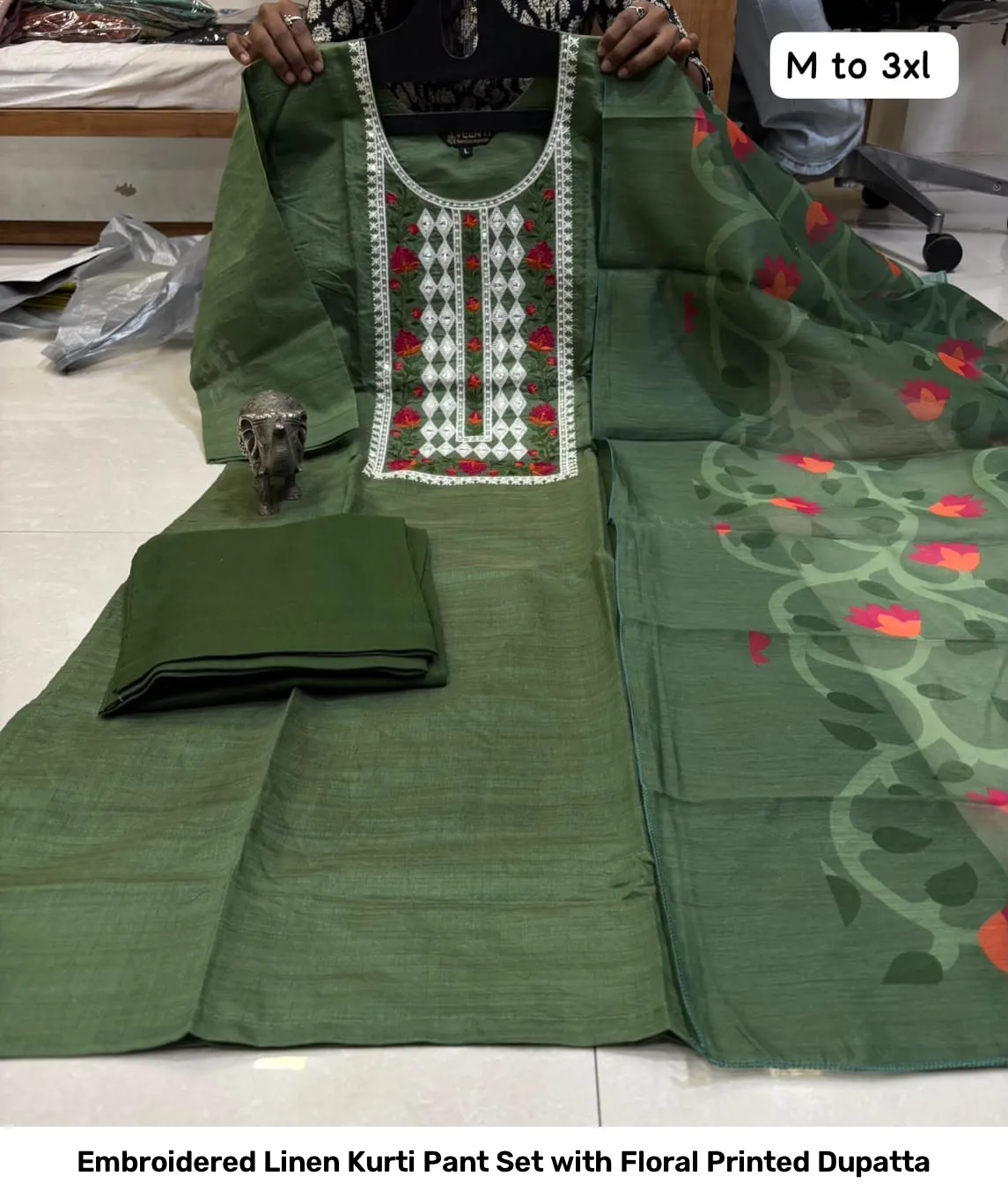 Embroidered Linen Kurti Pant Set with Floral Printed Dupatta 6