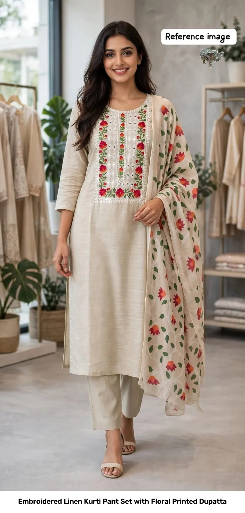 Embroidered Linen Kurti Pant Set with Floral Printed Dupatta 7