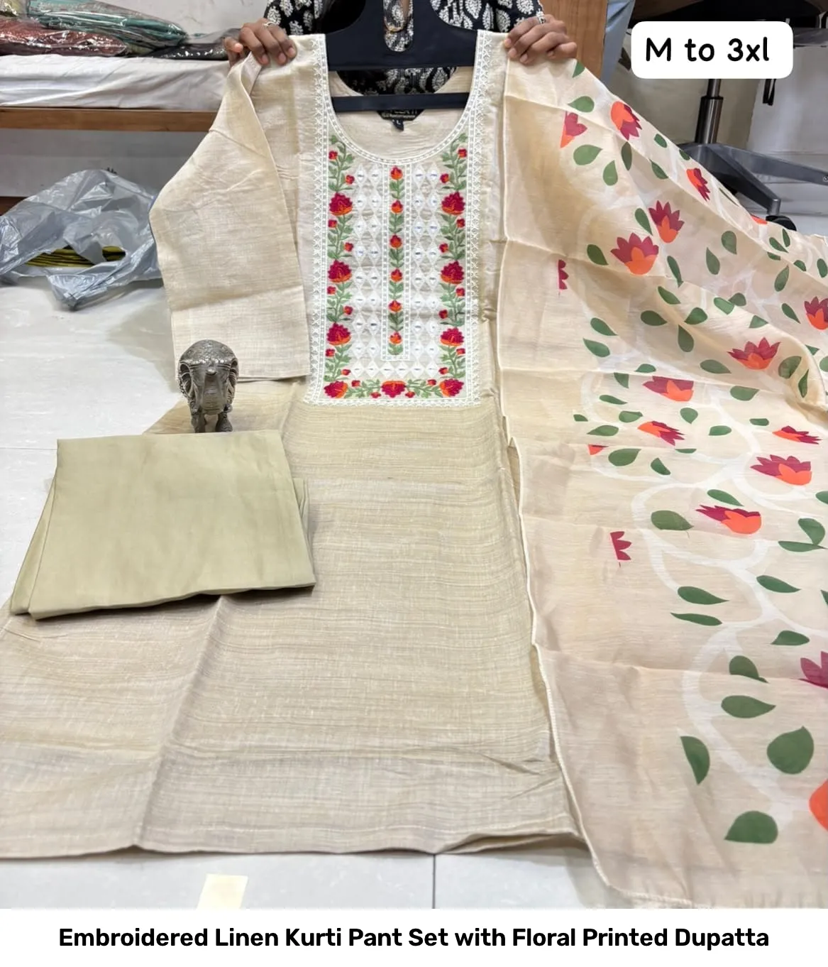 Embroidered Linen Kurti Pant Set with Floral Printed Dupatta 8
