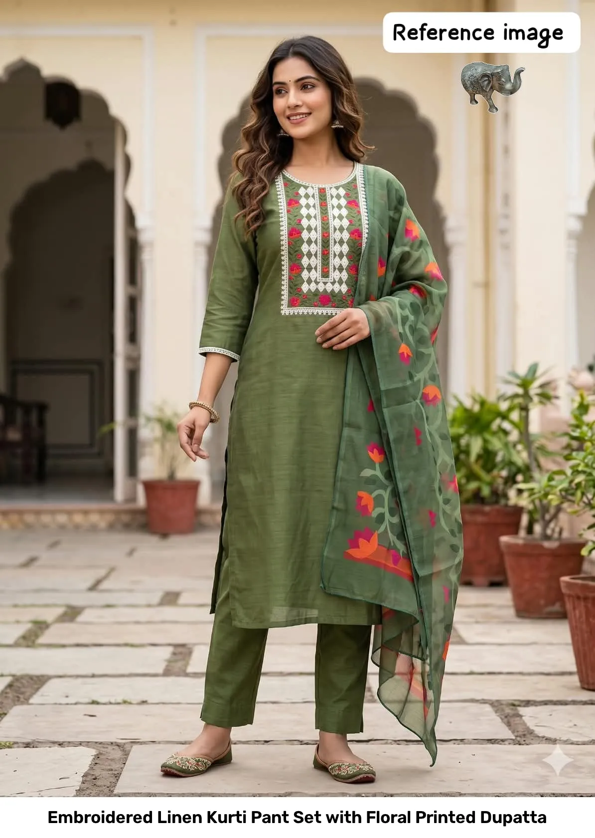 Embroidered Linen Kurti Pant Set with Floral Printed Dupatta 9