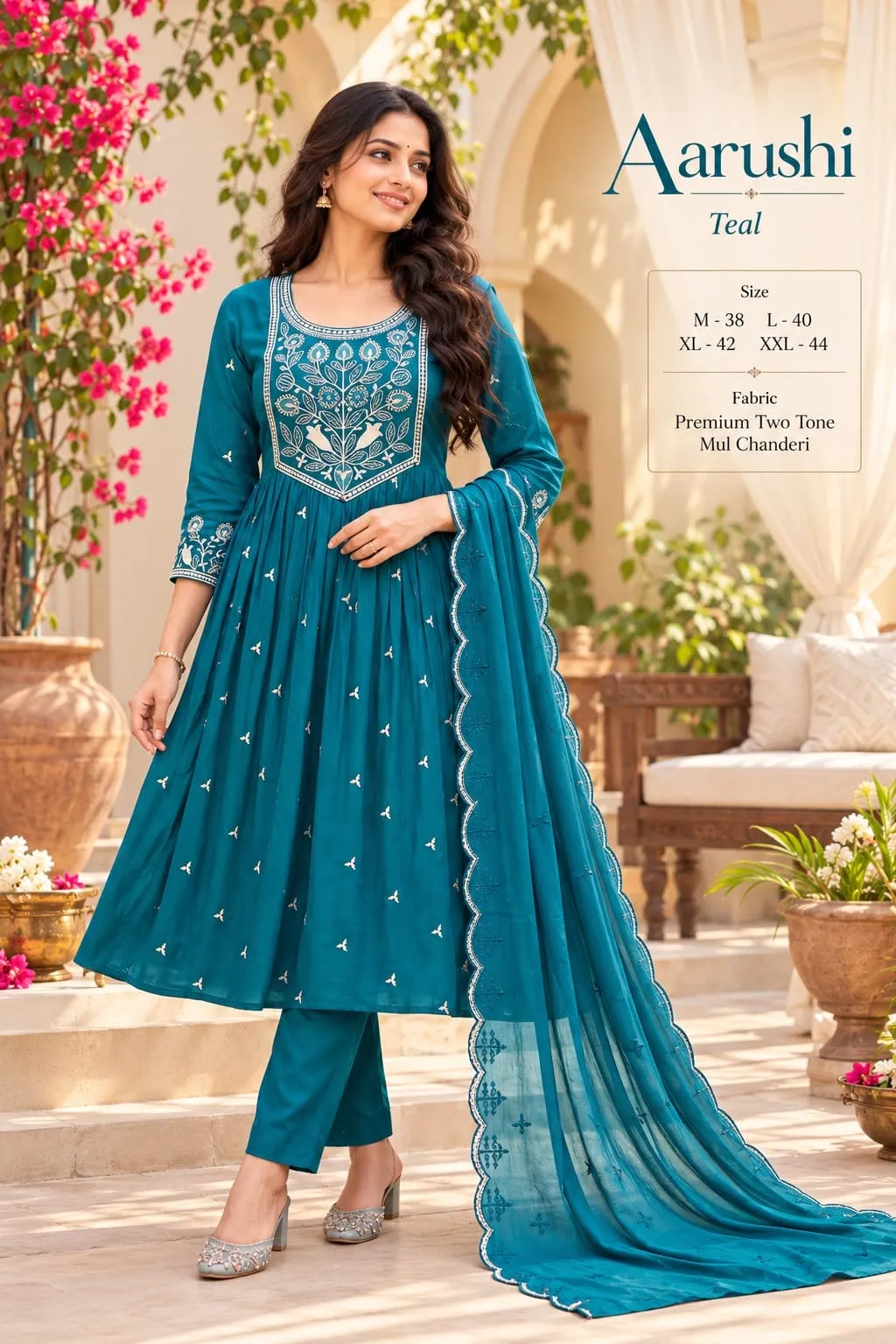 Embroidered Mul Chanderi Anarkali Kurta Pant with Scallop Dupatta Set | Readymade Festive 3-Piece Suit (M–XXL) 1