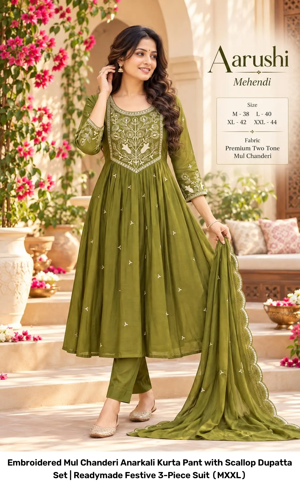 Embroidered Mul Chanderi Anarkali Kurta Pant with Scallop Dupatta Set | Readymade Festive 3-Piece Suit (M–XXL) 3