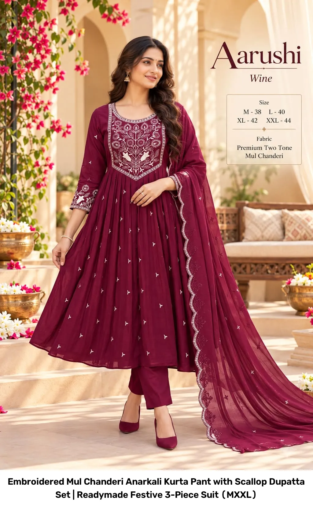 Embroidered Mul Chanderi Anarkali Kurta Pant with Scallop Dupatta Set | Readymade Festive 3-Piece Suit (M–XXL) 5