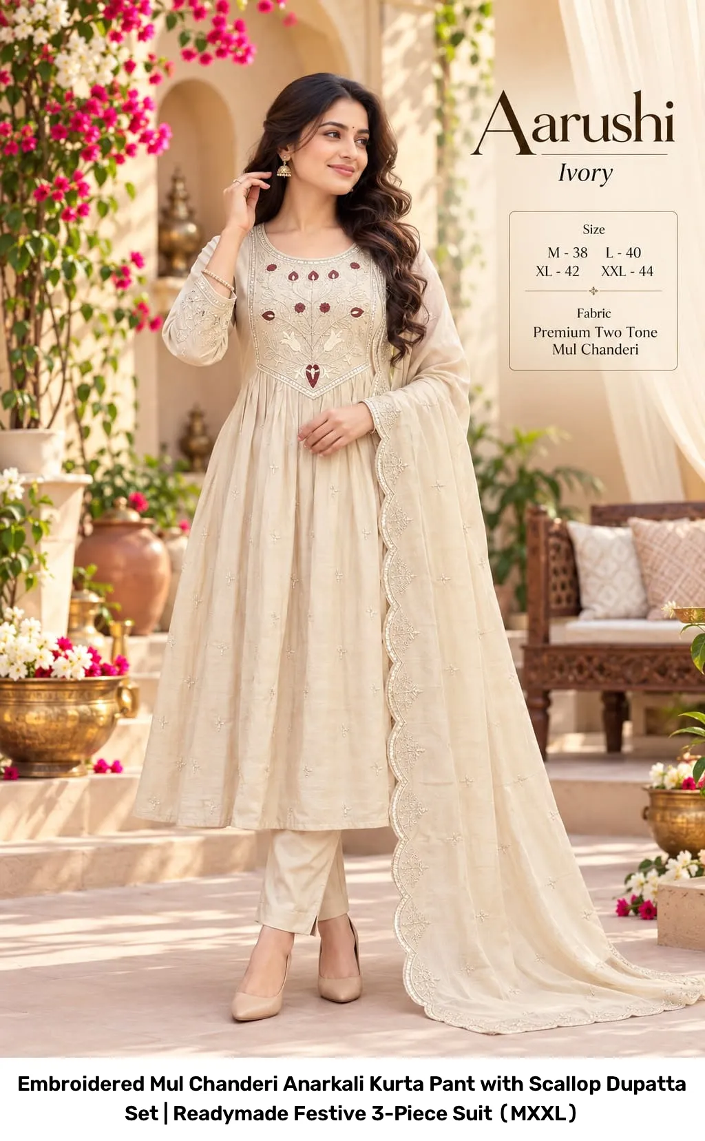 Embroidered Mul Chanderi Anarkali Kurta Pant with Scallop Dupatta Set | Readymade Festive 3-Piece Suit (M–XXL) 6