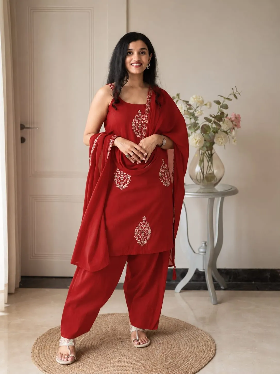 Embroidered Noodle Strap Kurti with Farshi Pant & Dupatta Set