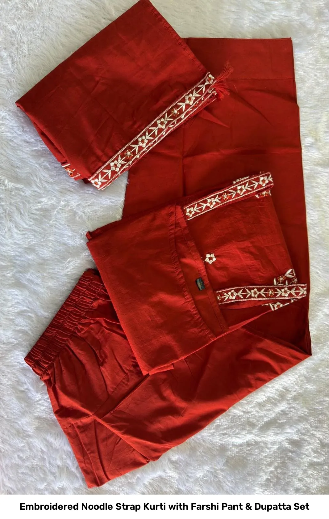 Embroidered Noodle Strap Kurti with Farshi Pant & Dupatta Set 3
