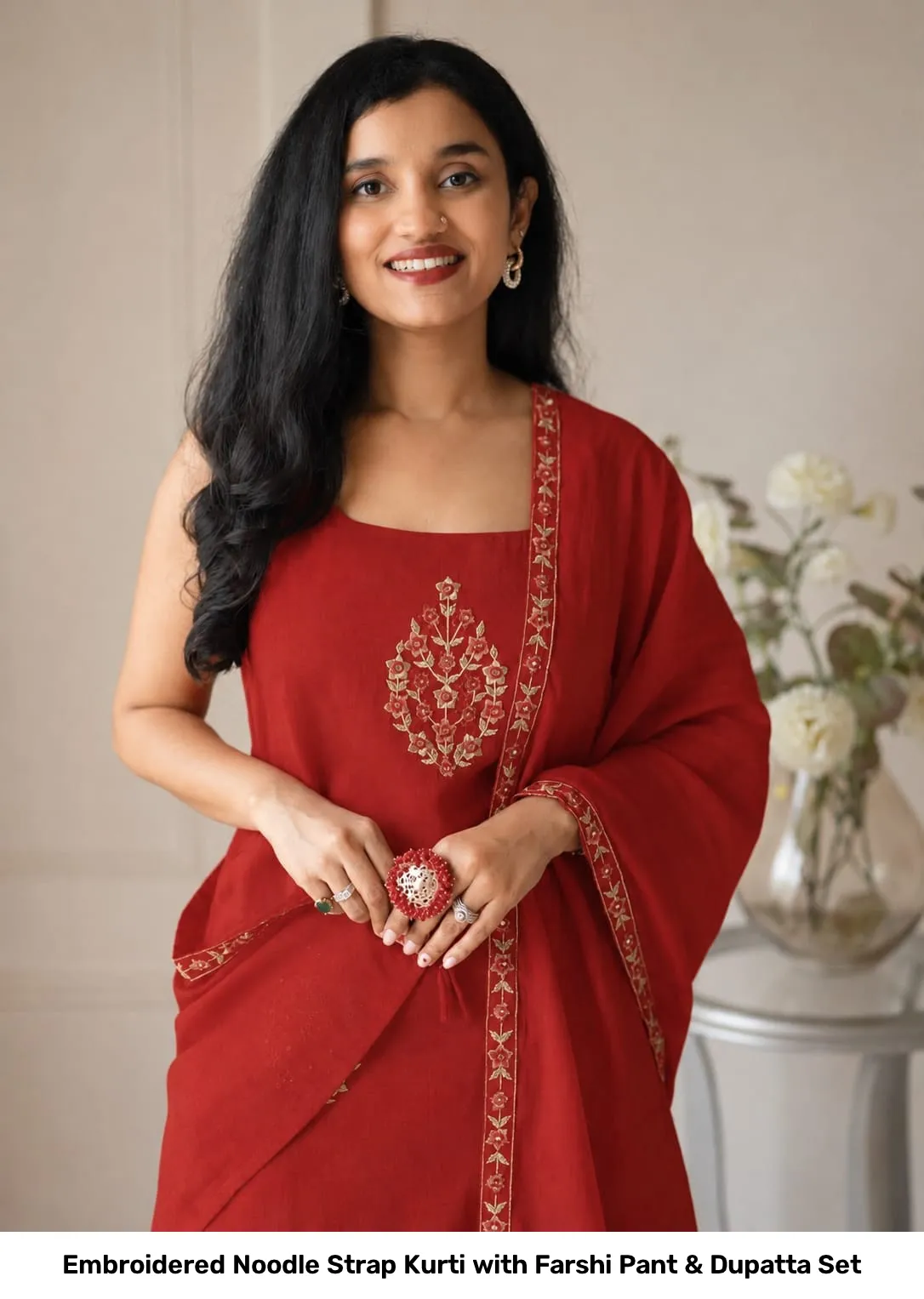 Embroidered Noodle Strap Kurti with Farshi Pant & Dupatta Set 4