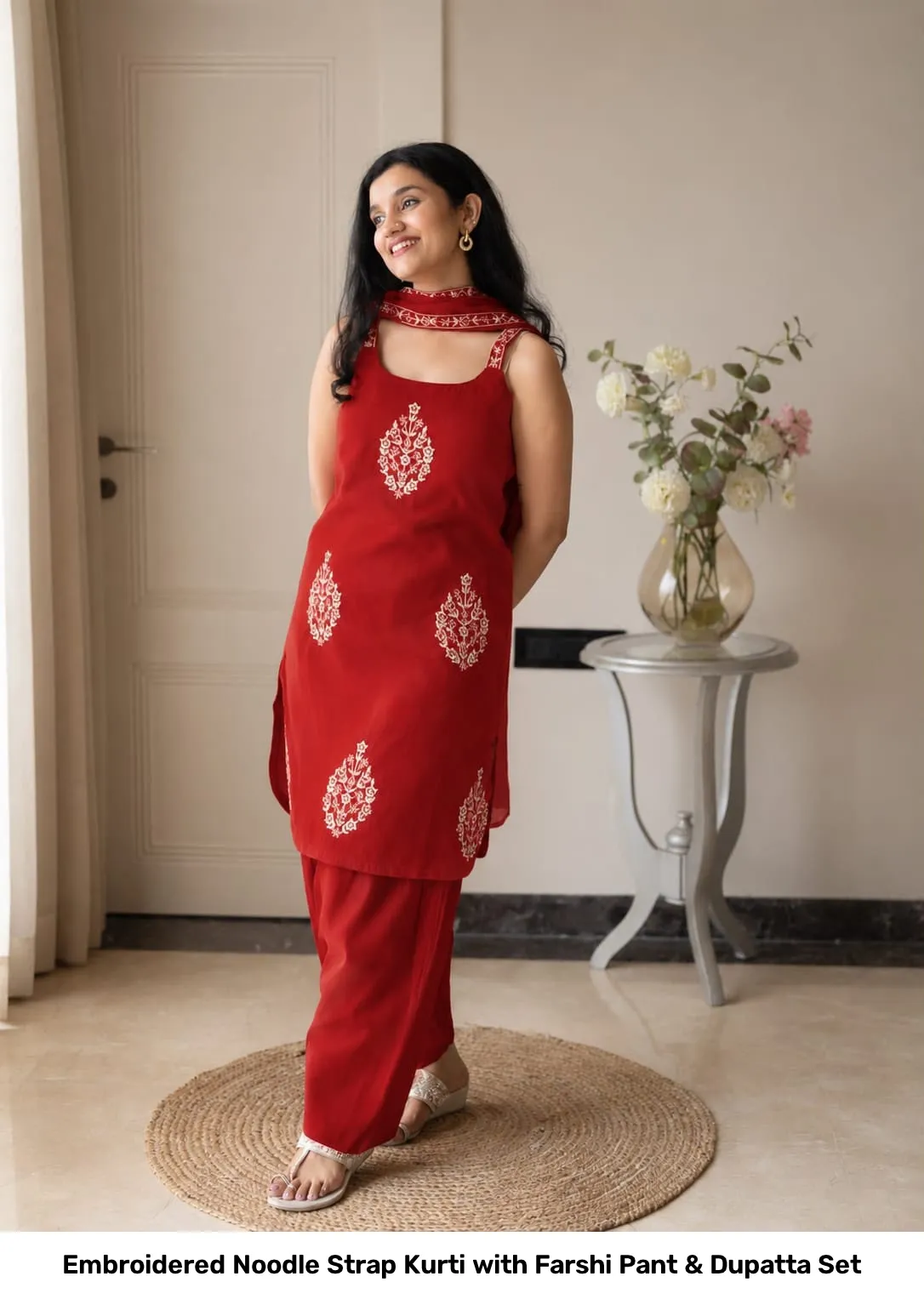 Embroidered Noodle Strap Kurti with Farshi Pant & Dupatta Set 5