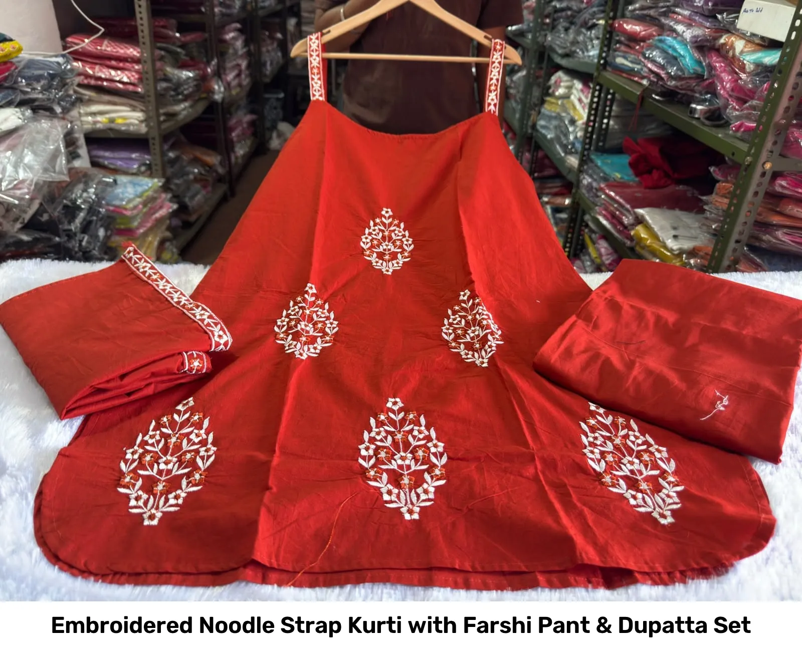 Embroidered Noodle Strap Kurti with Farshi Pant & Dupatta Set 6