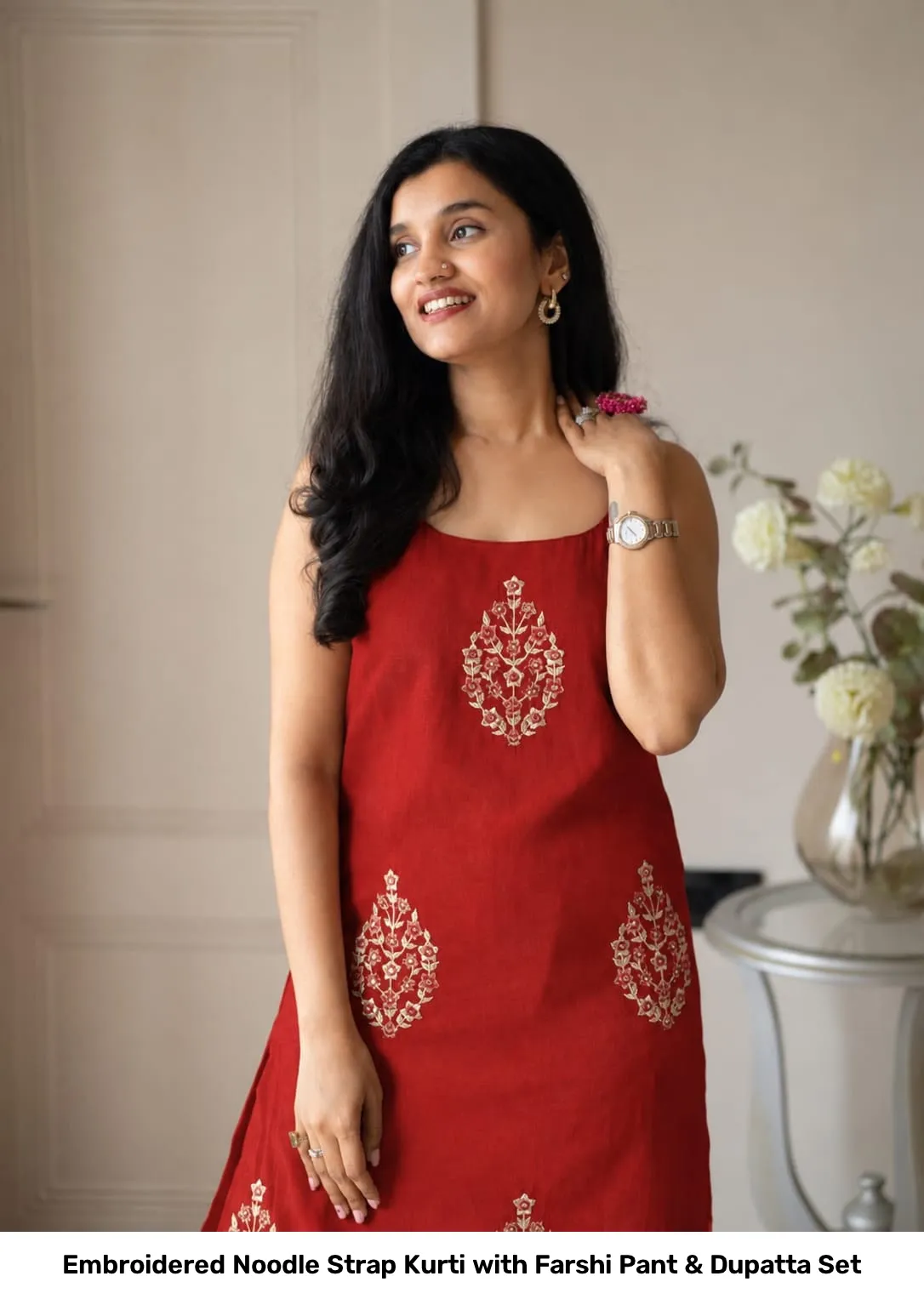 Embroidered Noodle Strap Kurti with Farshi Pant & Dupatta Set 7