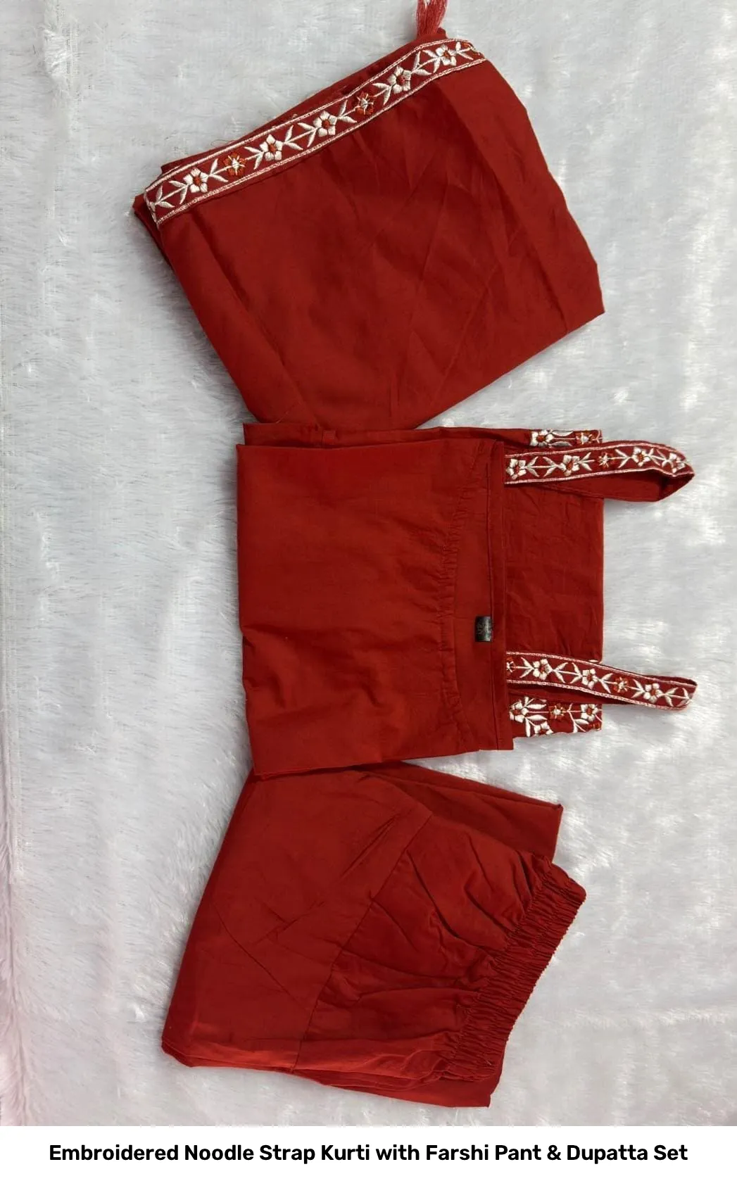 Embroidered Noodle Strap Kurti with Farshi Pant & Dupatta Set 9