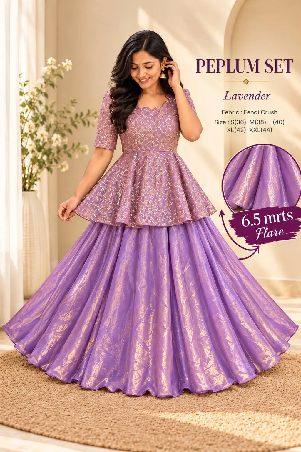 Embroidered Peplum Kurti With Flared Lehenga Skirt