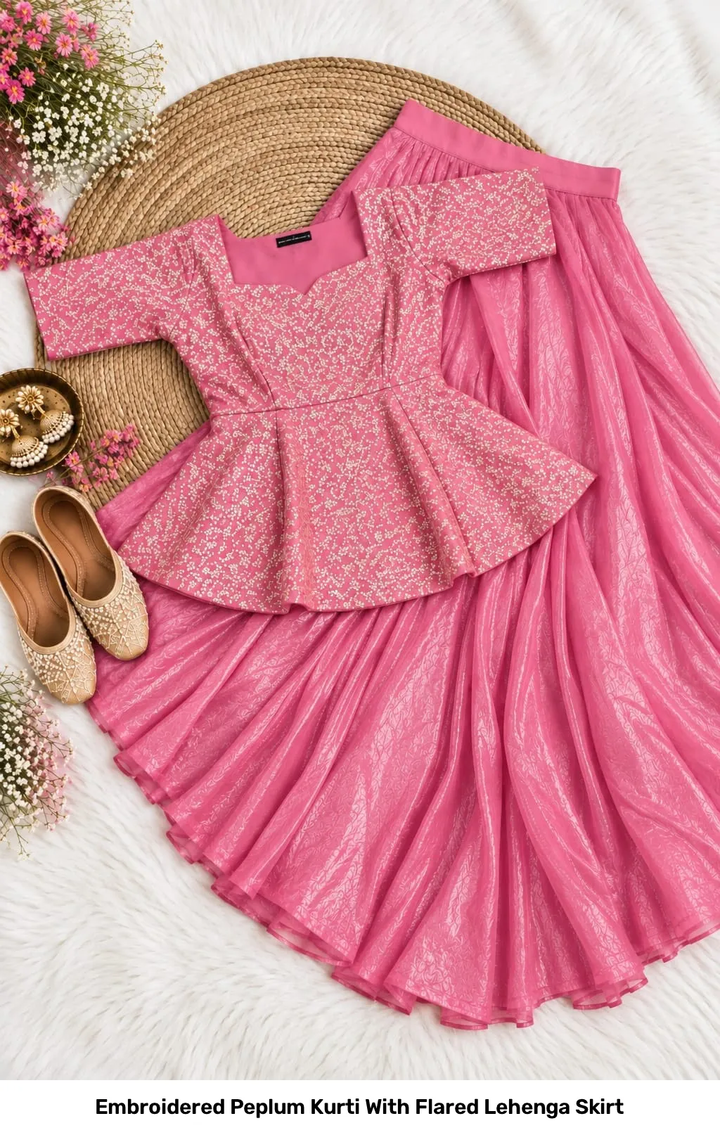 Embroidered Peplum Kurti With Flared Lehenga Skirt 3