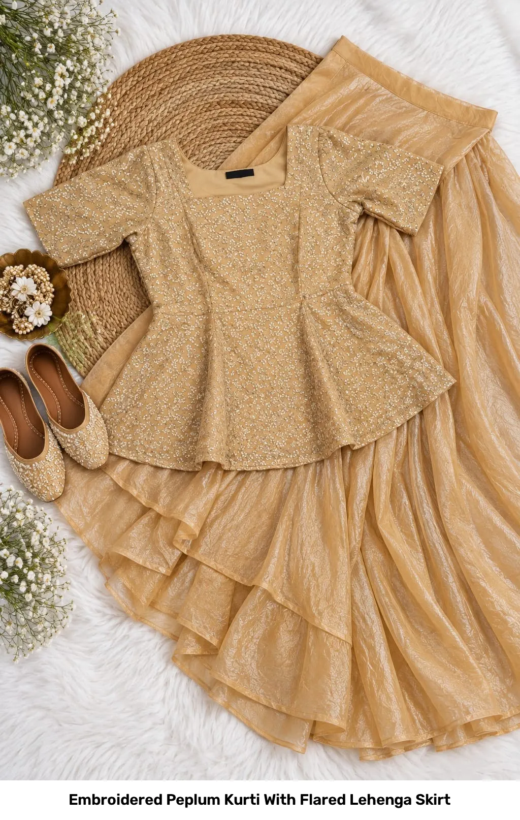 Embroidered Peplum Kurti With Flared Lehenga Skirt 5