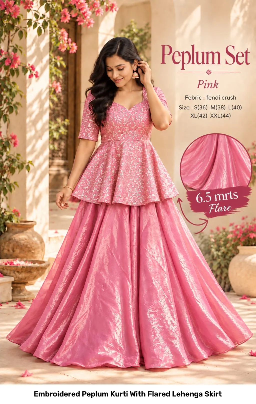 Embroidered Peplum Kurti With Flared Lehenga Skirt 8