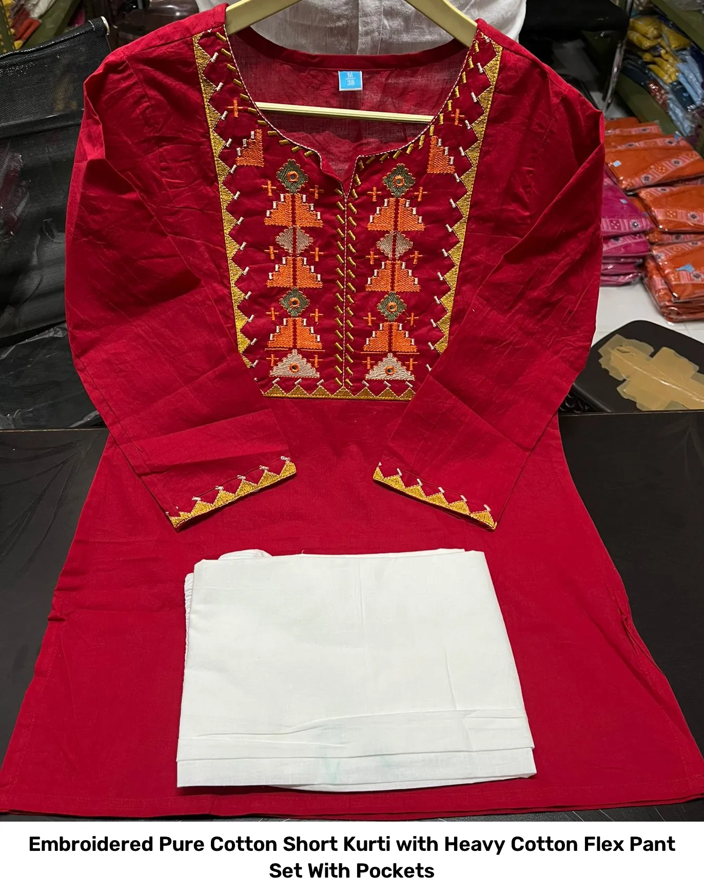 Embroidered Pure Cotton Short Kurti with Heavy Cotton Flex Pant Set – With Pockets 2