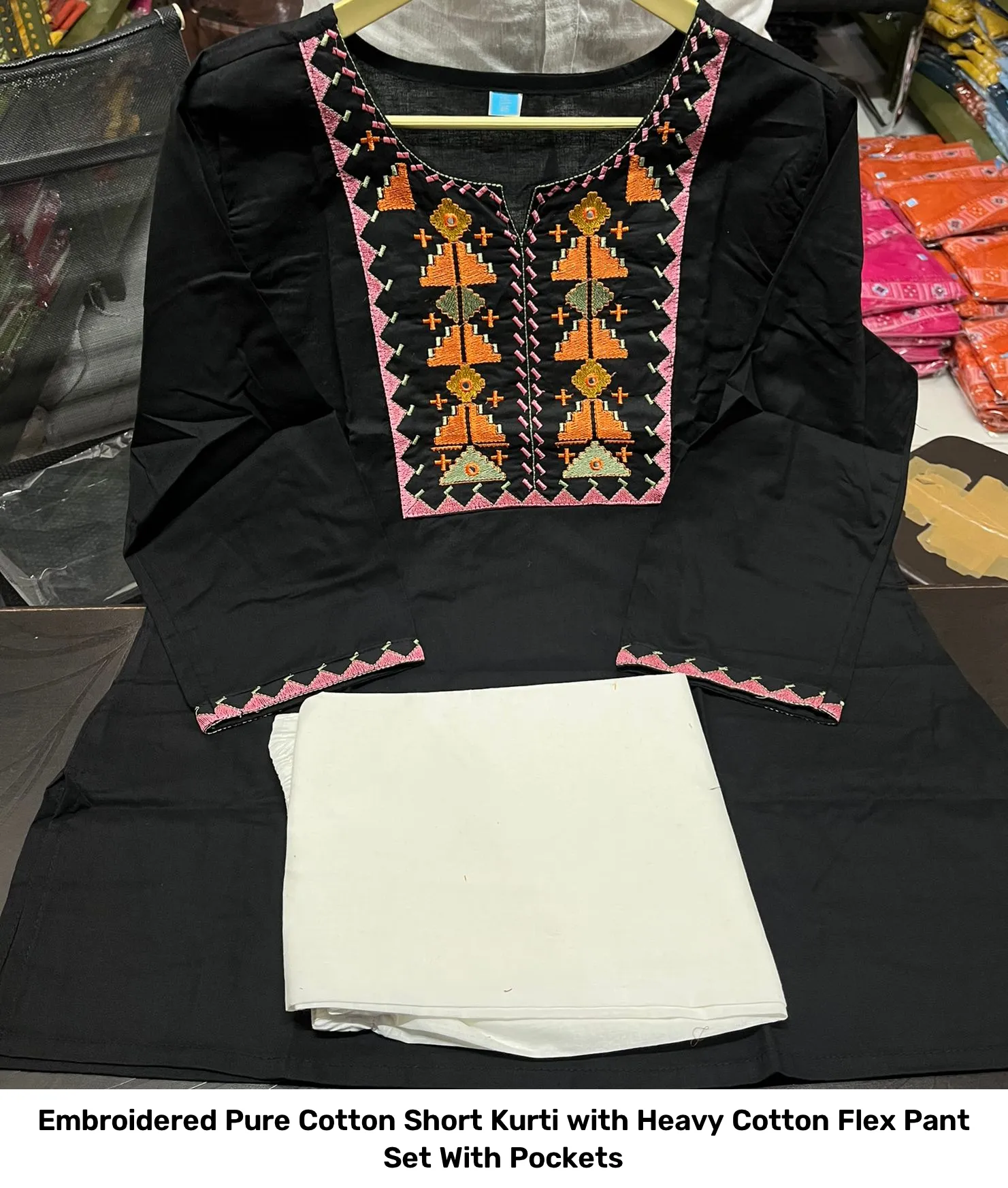 Embroidered Pure Cotton Short Kurti with Heavy Cotton Flex Pant Set – With Pockets 3