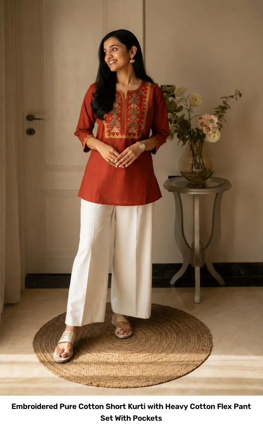 Embroidered Pure Cotton Short Kurti with Heavy Cotton Flex Pant Set – With Pockets 4