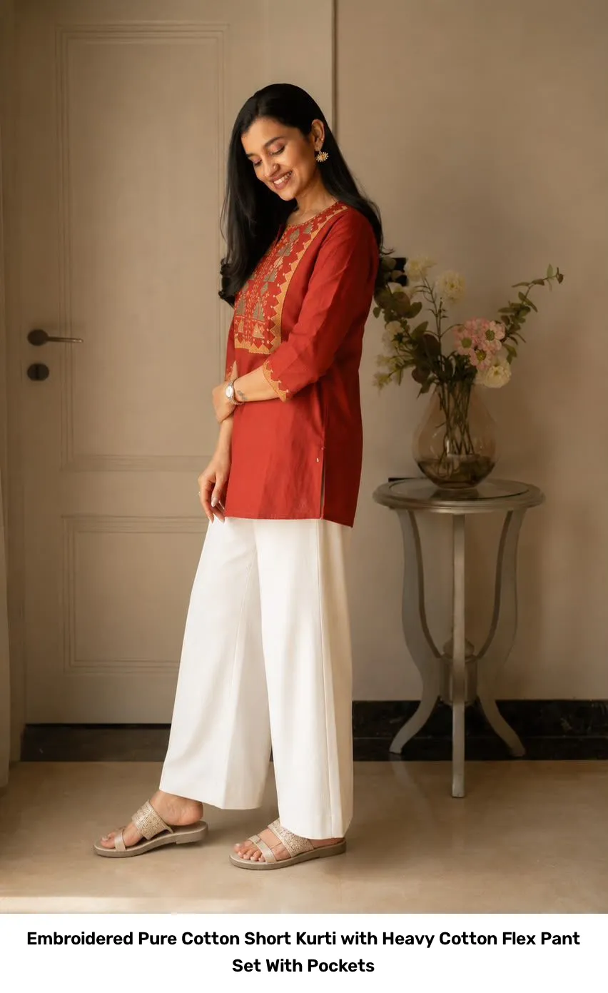 Embroidered Pure Cotton Short Kurti with Heavy Cotton Flex Pant Set – With Pockets 5