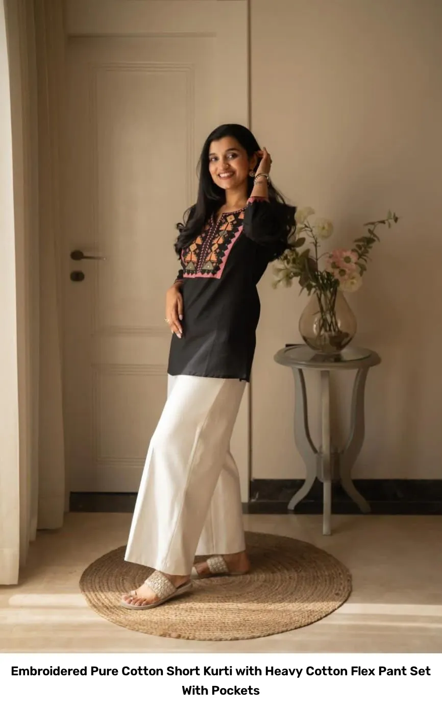 Embroidered Pure Cotton Short Kurti with Heavy Cotton Flex Pant Set – With Pockets 6