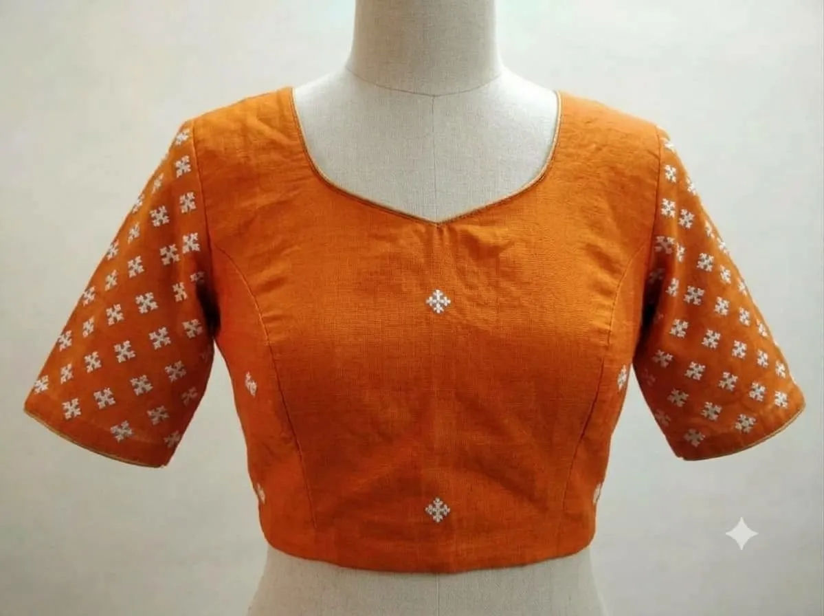 Embroidered Raw Silk Sweetheart Neck Blouse