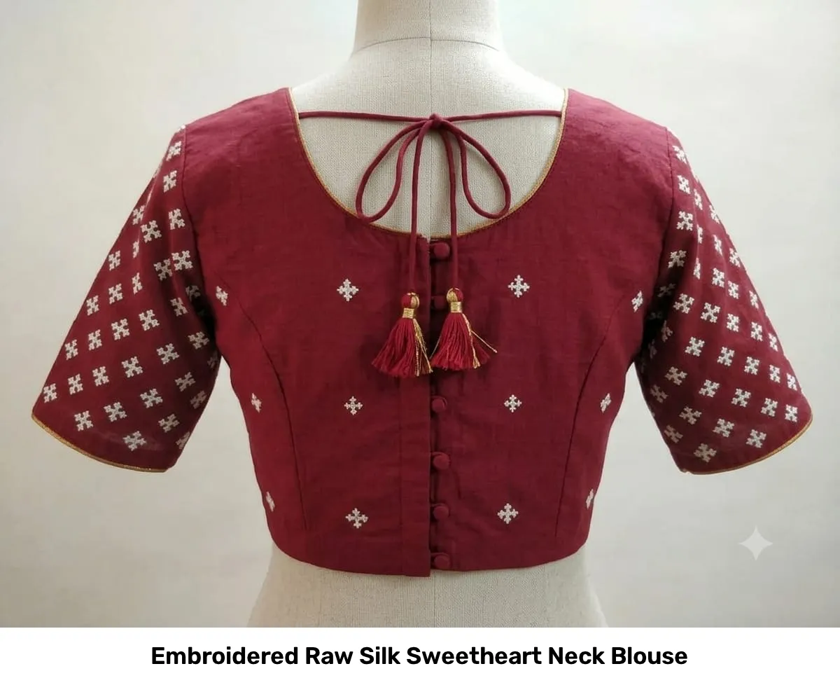 Embroidered Raw Silk Sweetheart Neck Blouse 2