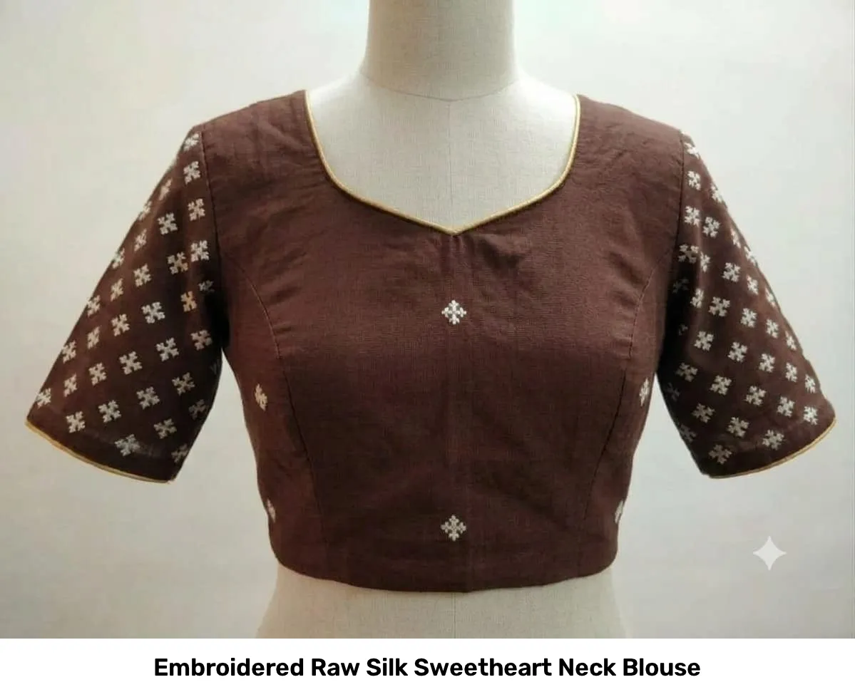 Embroidered Raw Silk Sweetheart Neck Blouse 4