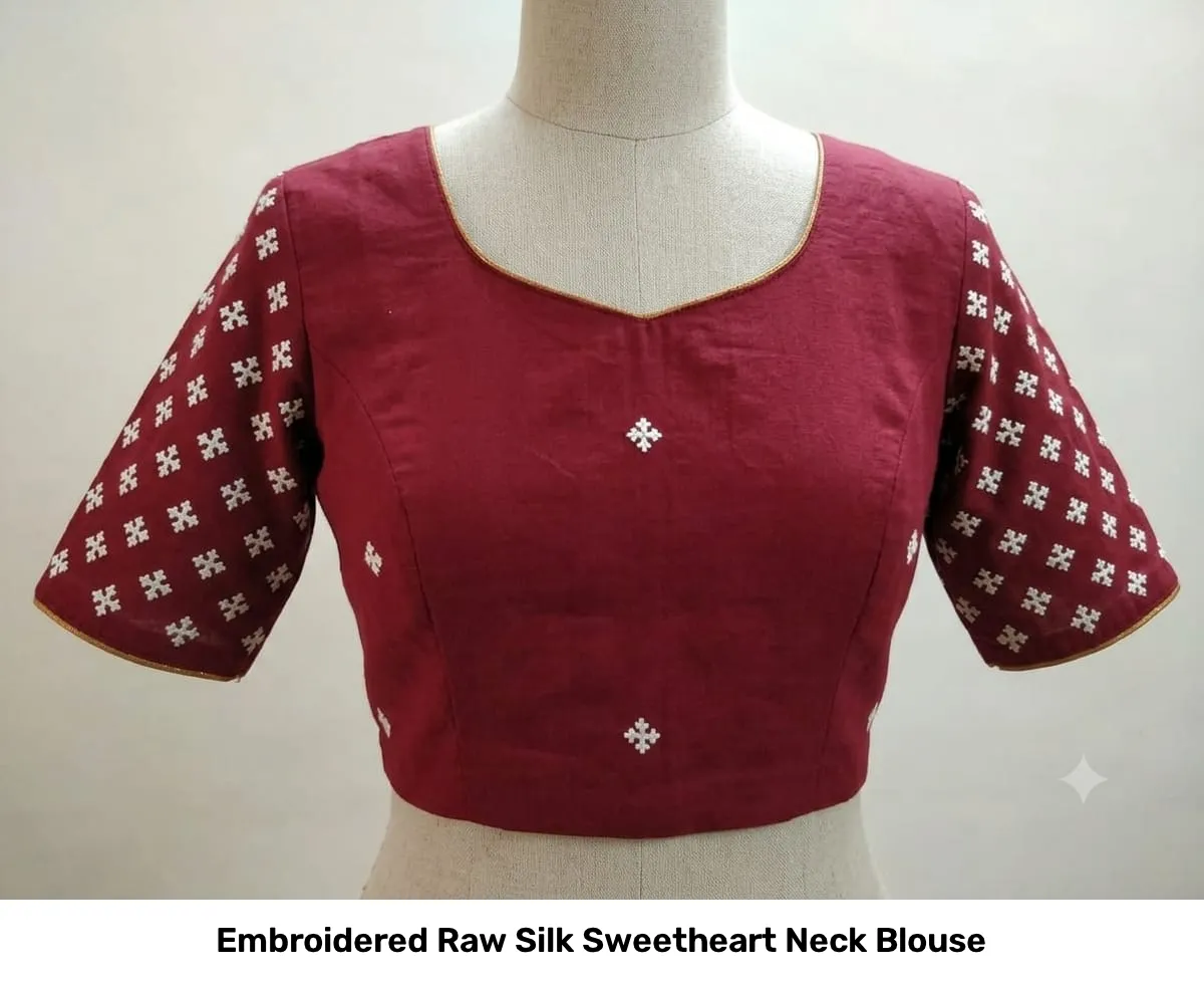 Embroidered Raw Silk Sweetheart Neck Blouse 5