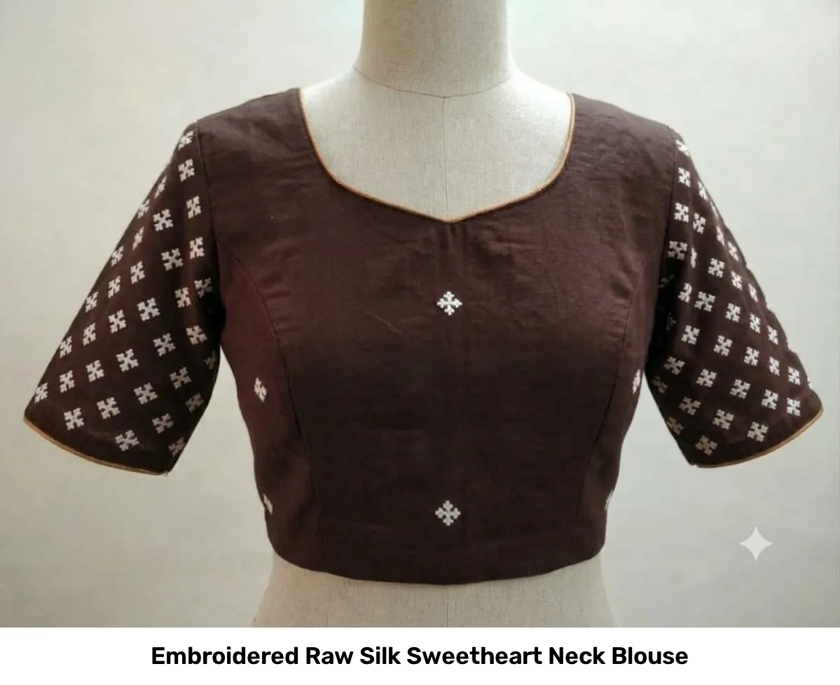 Embroidered Raw Silk Sweetheart Neck Blouse 6