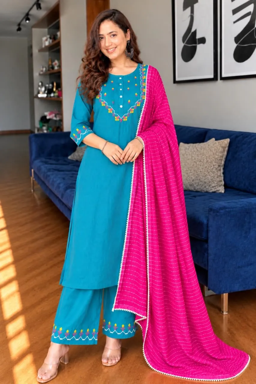 Embroidered Rayon Kurti Pant Set with Leheriya Kota Doria Dupatta