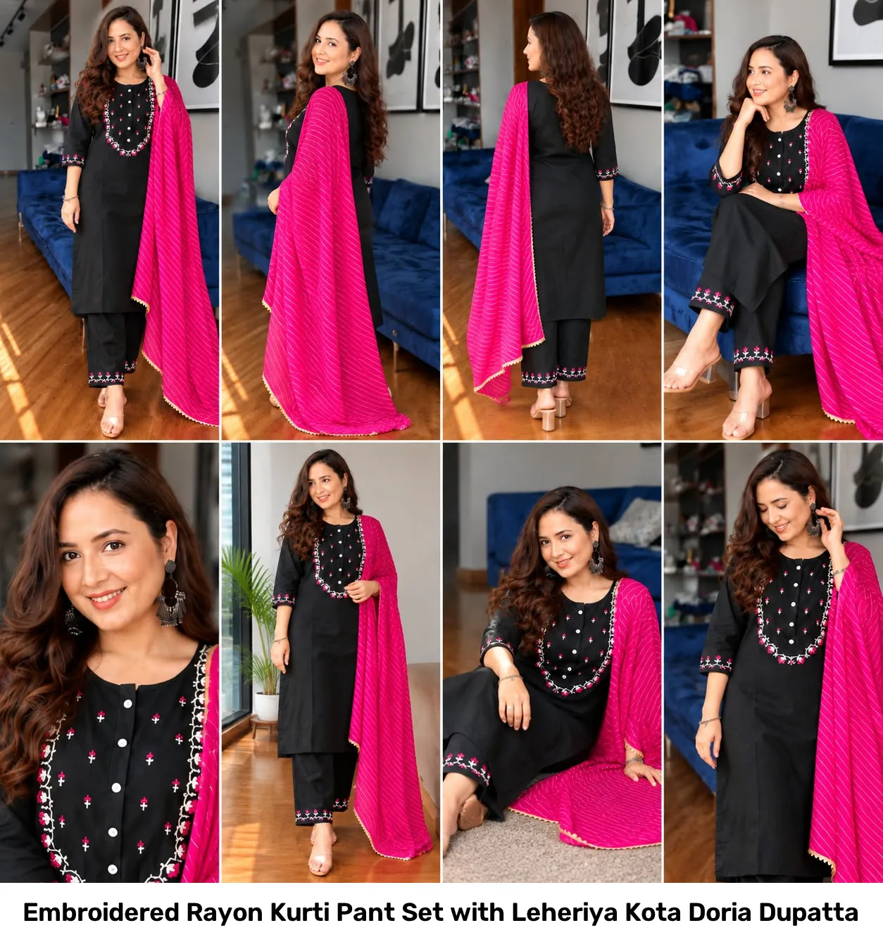 Embroidered Rayon Kurti Pant Set with Leheriya Kota Doria Dupatta 11