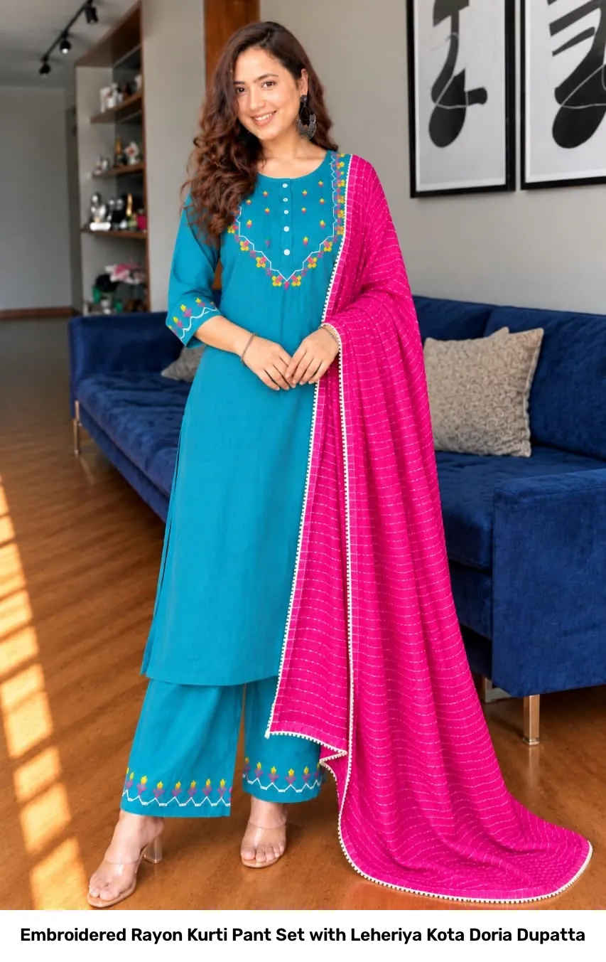 Embroidered Rayon Kurti Pant Set with Leheriya Kota Doria Dupatta 13
